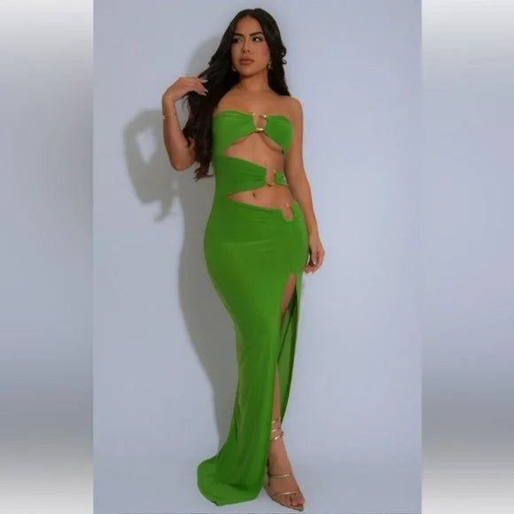 "Isabelle” Green Asymmetric Gold Ring Cut Out Maxi Dress
