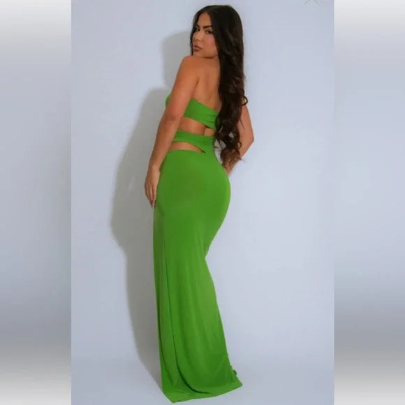"Isabelle” Green Asymmetric Gold Ring Cut Out Maxi Dress