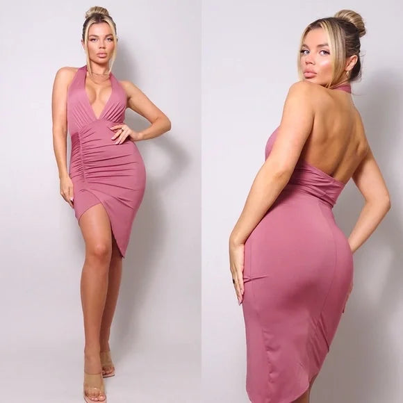 "Take On the Night” Deep Mauve Pink Halter Ruched Mini Dress