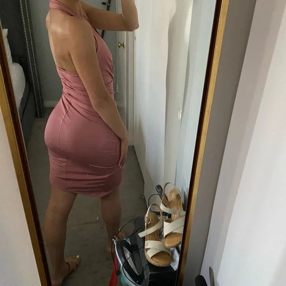 "Take On the Night” Deep Mauve Pink Halter Ruched Mini Dress